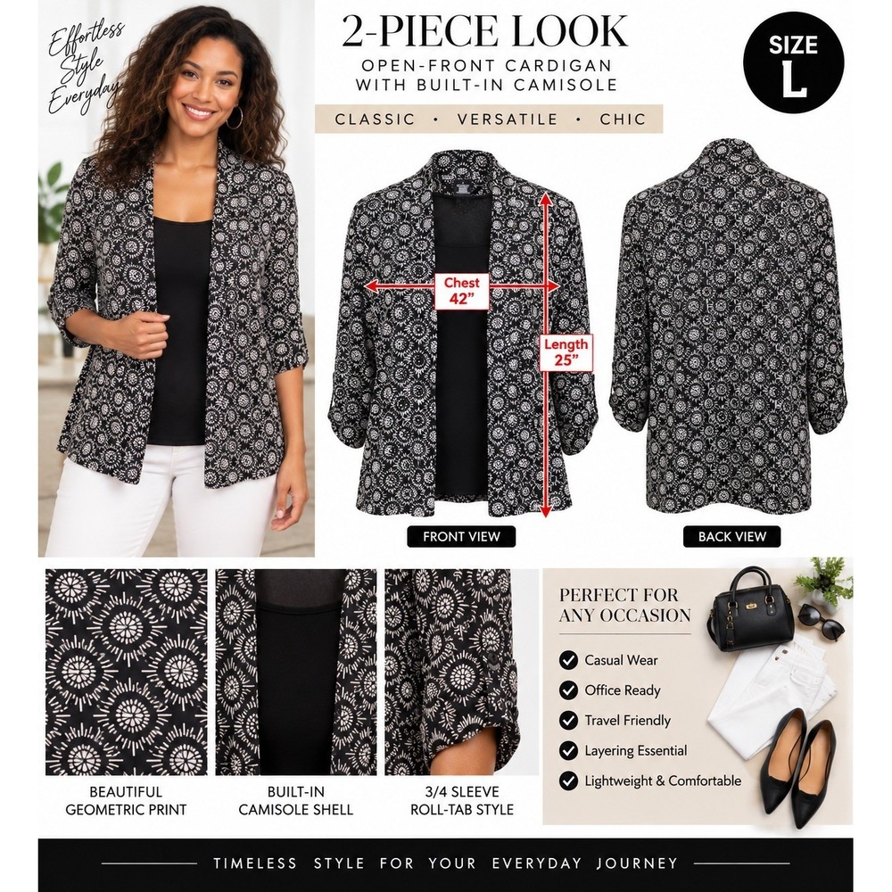 BYdesign Women Open-Front Cardigan/Cami Set Geometric Black/White Size L